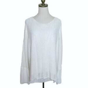 Sioni Sparkly Evening Sweater Women Size L White with Silver Sequins Pleated Hem